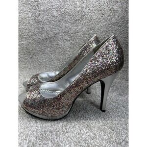 Women's 8M Silver Glitter High Heel Pumps Peep Toe Party Shoes Holiday NYE